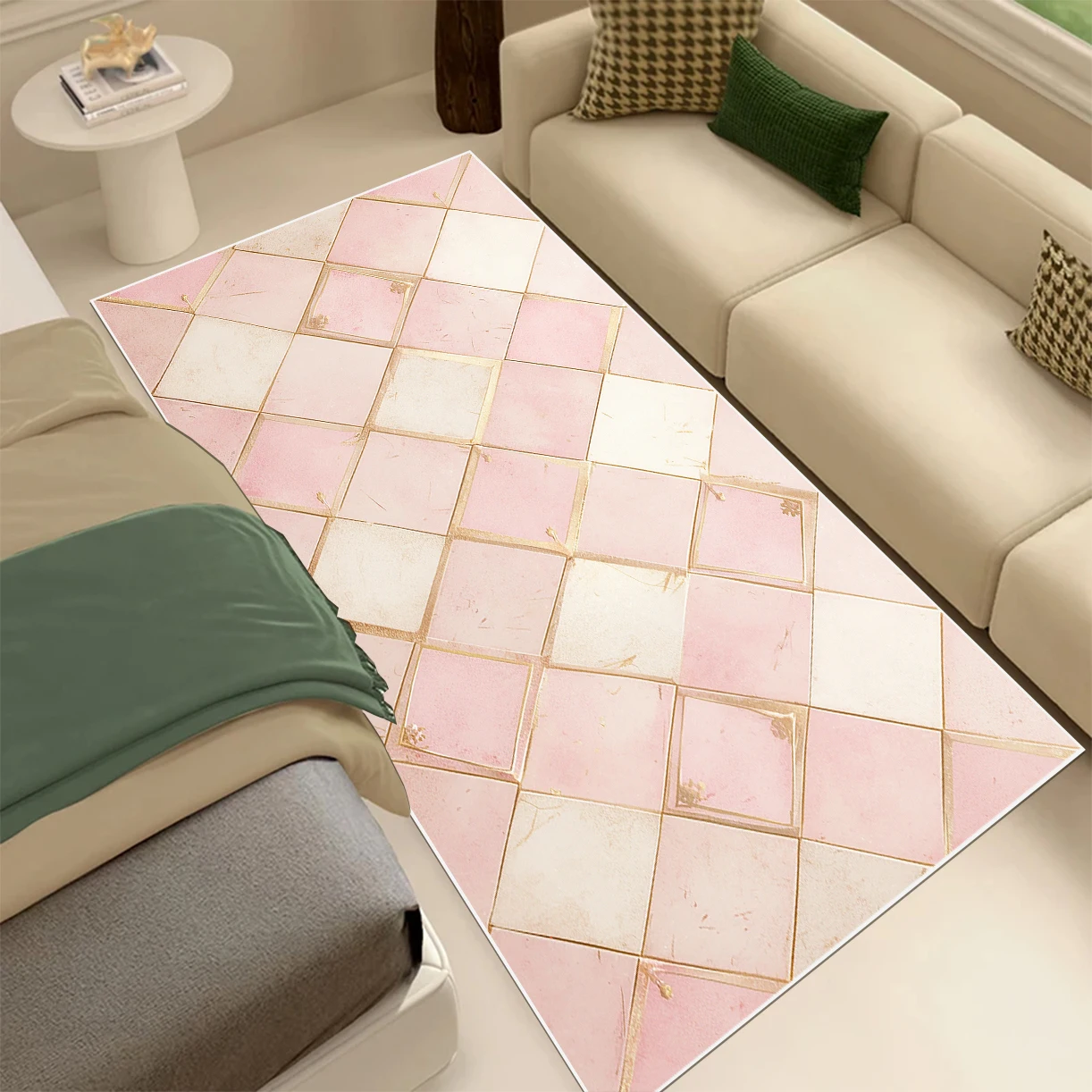 Minimalist Girls Bedroom Decor Bedside Carpet Pink Checkerboard Living Room Large Area Rug Non-slip Washable Lounge Floor Mat