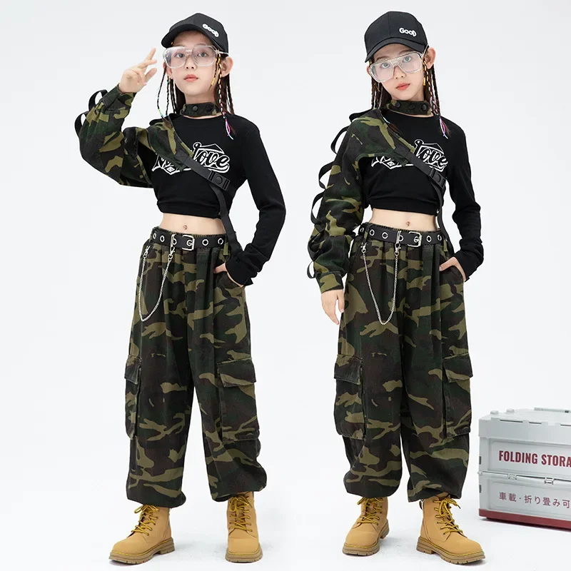 Girls Hip Hop Crop Top Camouflage Cargo Pants Clothes Sets Child Military Streetwear Street Dance Joggers Kids Jazz Cool Costume