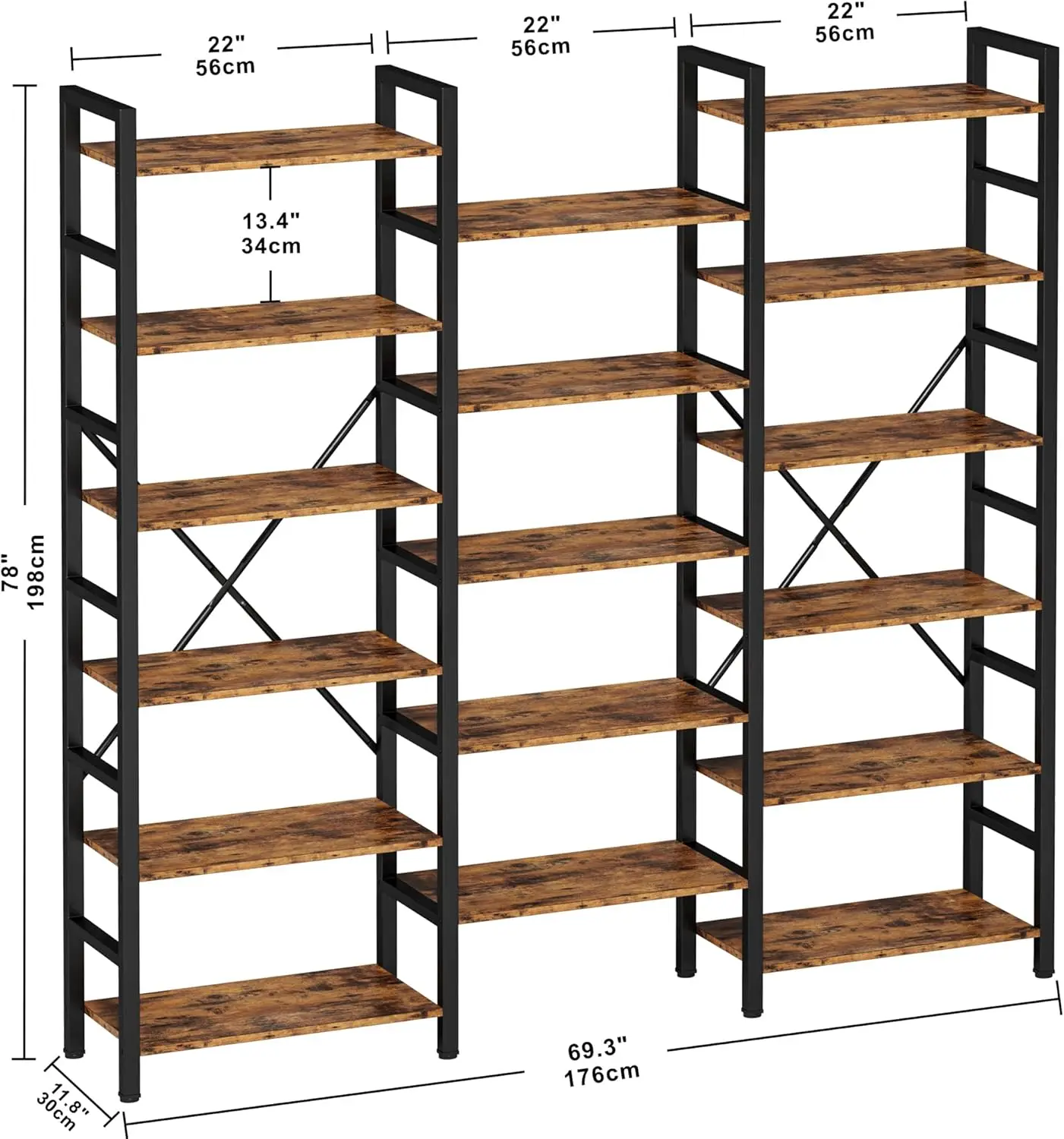 Bookshelves 6 Tiers Triple Wide Industrial Bookshelf, Large Etagere Bookshelf Open Display Shelves with Metal Frame