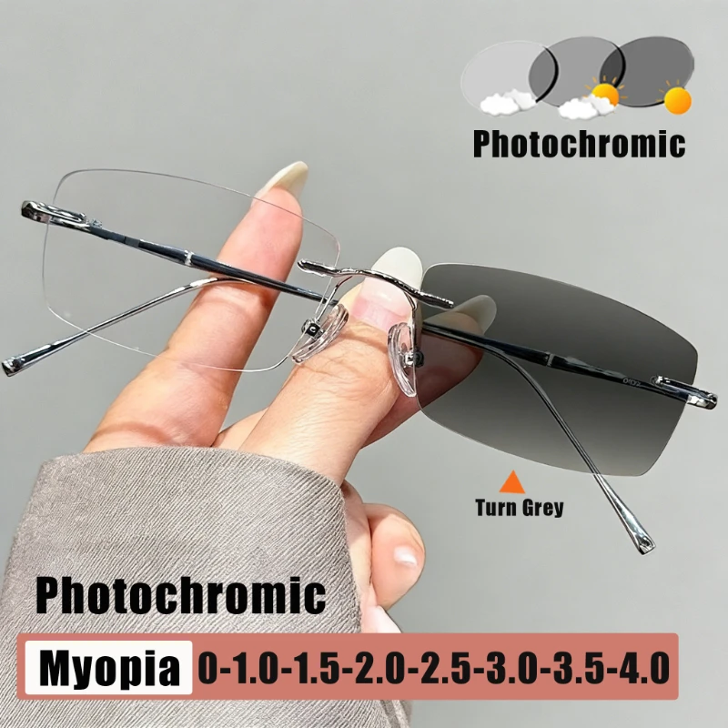 

Women's INS Style Photochromic Myopia Glasses Fashionable Frameless Blue Light Blocking Turn Grey Near Sight Eyewear 0 To -4.0