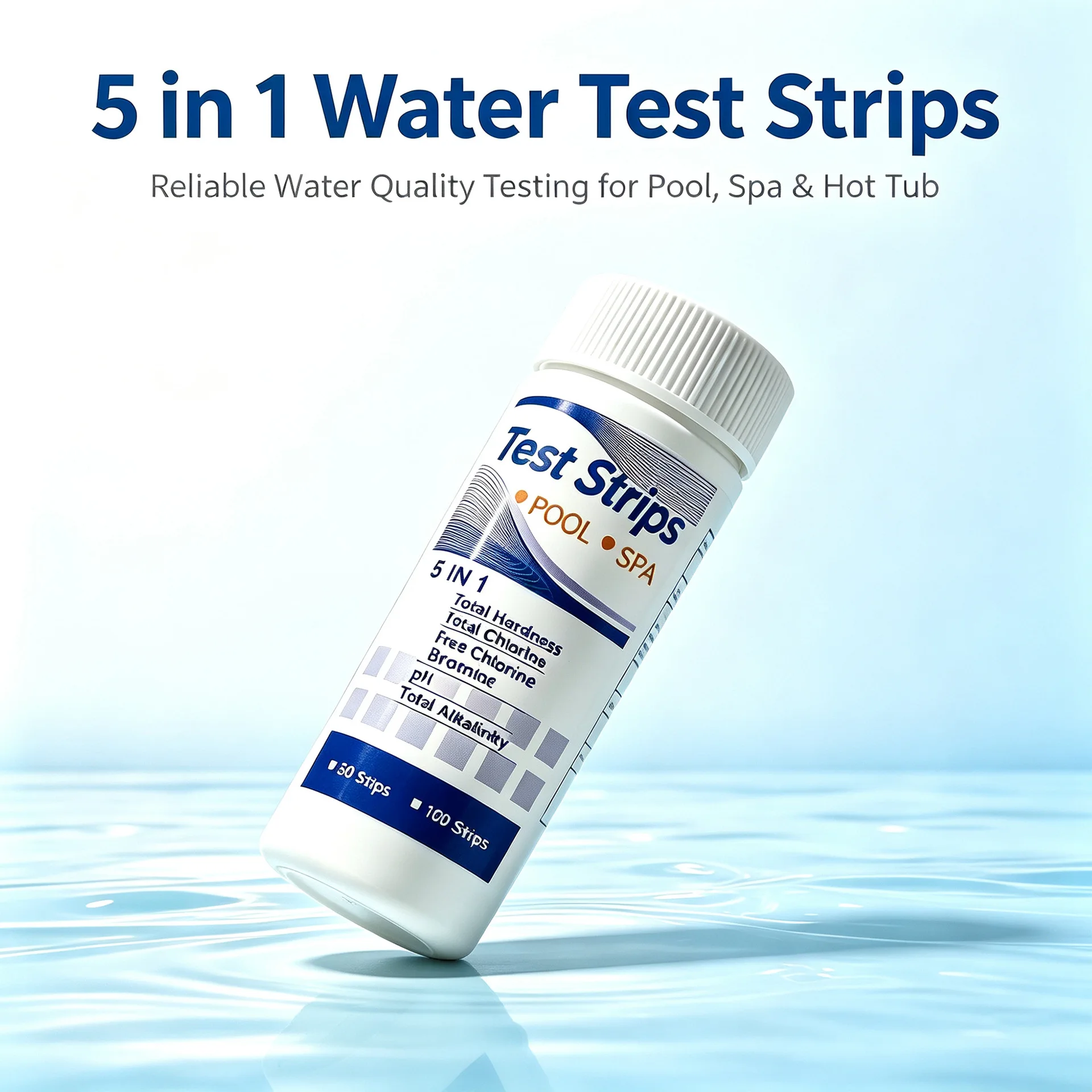 5 in 1 Pool Test Strips Total Hardness Total Chlorine Free Chlorine Bromine pH Total Alkalinity Water Test Strips for Hot Tub