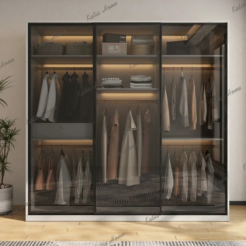 FG Modern Sliding Glass Door Wardrobe Customizable Particle Board Closet with LED Lights for Small Bedrooms interior furniture