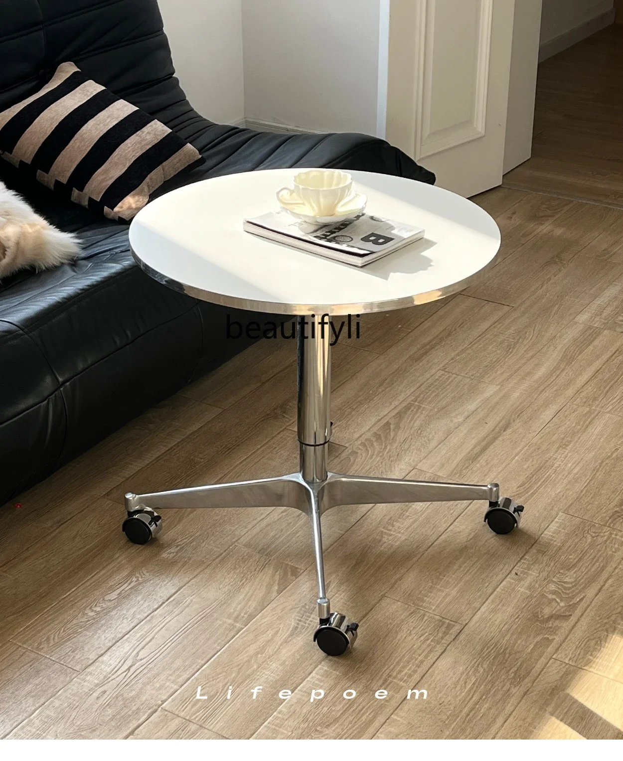 

Medieval style simple movable dining table silver edge household small apartment lifting desk coffee shop table