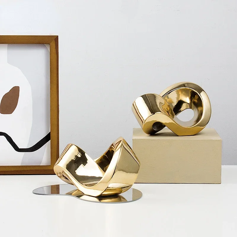 Ceramic Handicraft Gold Geometric Knot Winding Ribbon Junction Infinite Decorative Figurines Home Decoration Accessories