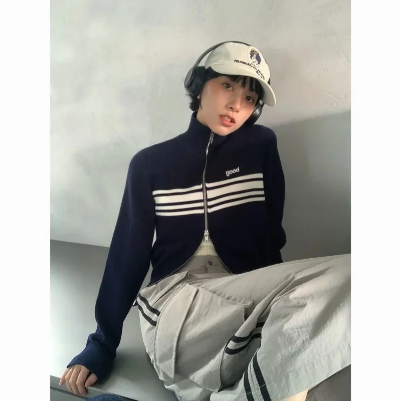 Vintage Striped Cardigan Women Gothic Knitted Jumper Streetwear Knitwear Preppy Zipper Korean Fashion Sweater Female Aesthetic