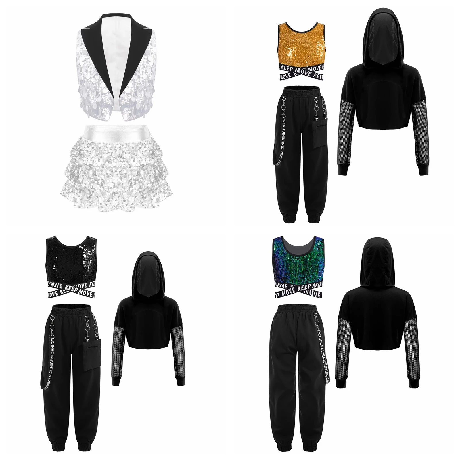 

Kids Sparkling Sequins Hip Hop Vest with Pants Hoodie Sports Clothes Sets Sportswear Girls Hip-hop Jazz Dance Costume
