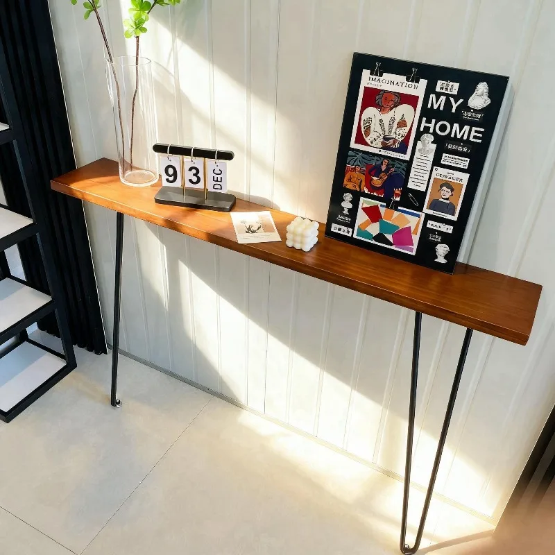 Nordic Vintage Console Table Iron and Wood Narrow Sideboard for Wall Rustic Long Rectangular Table for Corridor Slim Sofa Tables