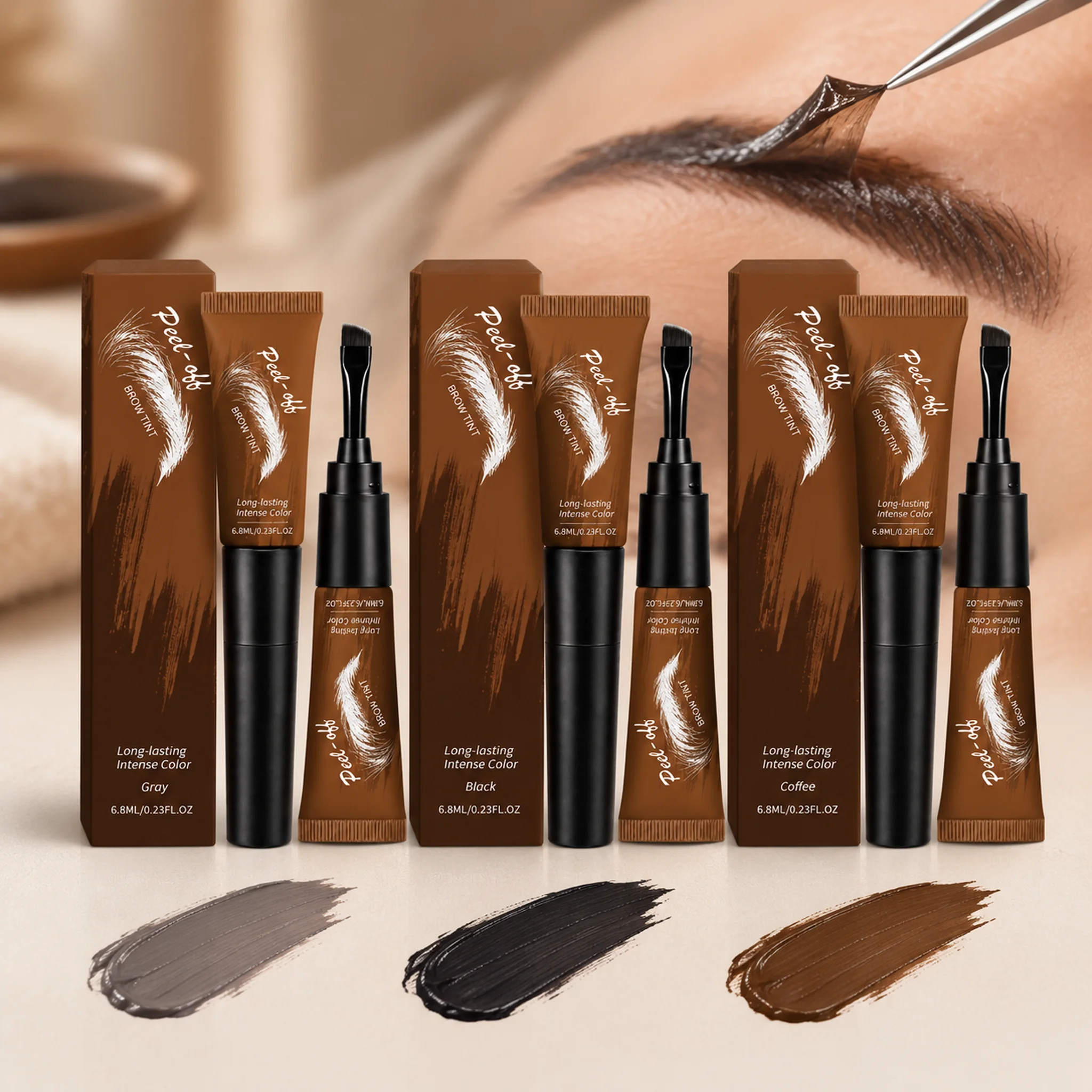Peel-Off Brow Tint 3 Shades Gray Black Coffee, Long-Lasting Eyebrow Dye Gel, Natural Misty Brow, Water-Resistant, Easy Peel Kit