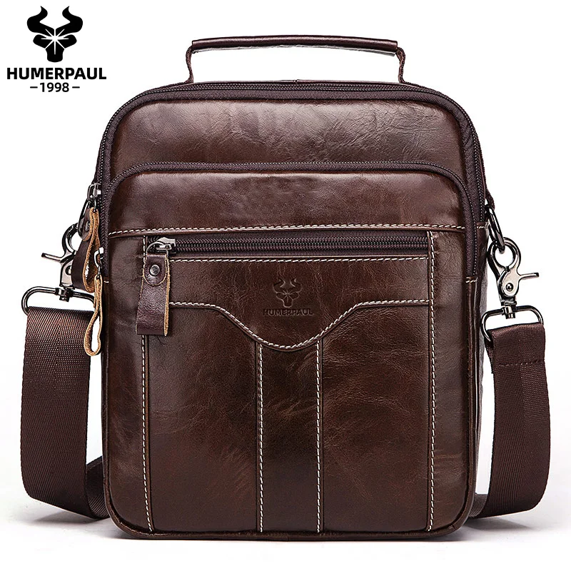 

HUMERPAUL Genuine Leather Bag for Men Vintage Messenger Shoulder Bags for Ipad High Quality Male Crossbody Bag Travel Sling Tote