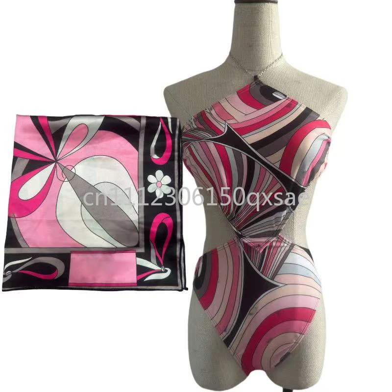 Women's Red Scarf Swimsuits with Letter Signature Logo Lady Sexy Scarf Bikini Sets Beachwear