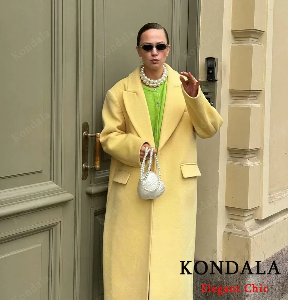 

KONDALA осеннее женское модное желтое длинное пальто с лацканами и пуговицами, длинное пальто, новинка 2025 года, весенне-осеннее повседневное элегантное длинное пальто