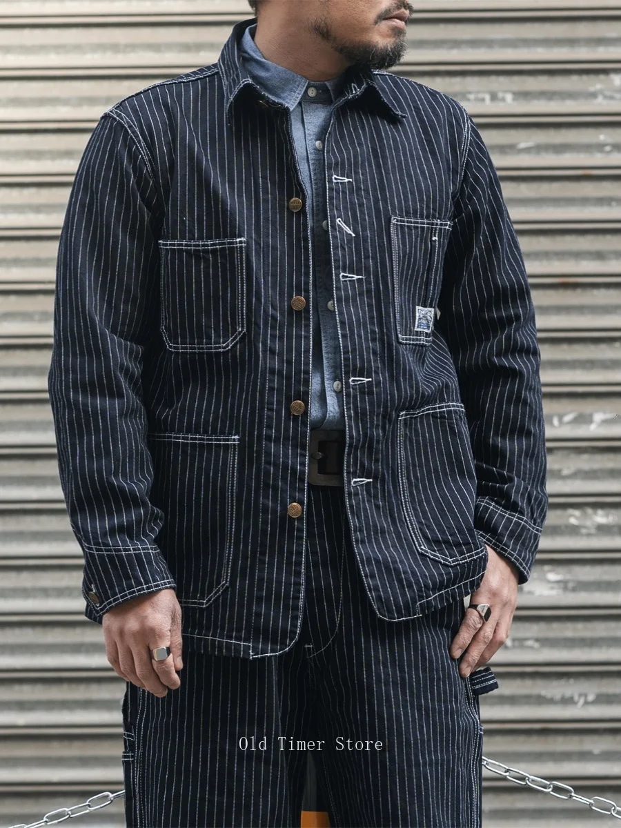 Qingtian Workwear Chaqueta a rayas vintage americana ferrocarril para hombre Amekaji Abrigo vaquero retro para tareas