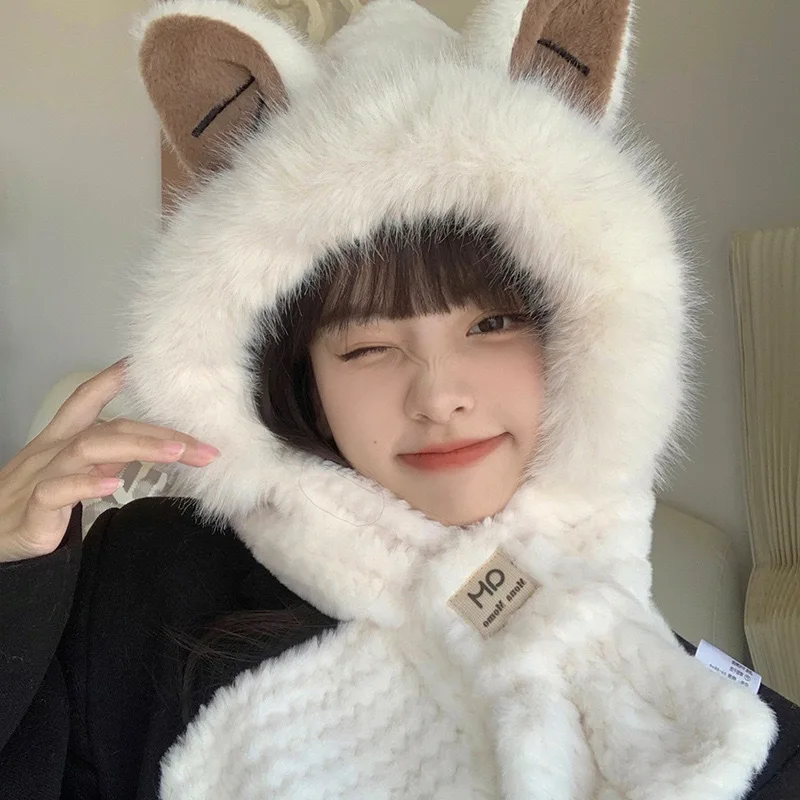 لطيف وجميل الكرتون قبعة للفتيات وشاح قطعة واحدة قبعة سميكة زائد الصوف المرأة قبعات الشتاء صديقها أول الشتاء هدية