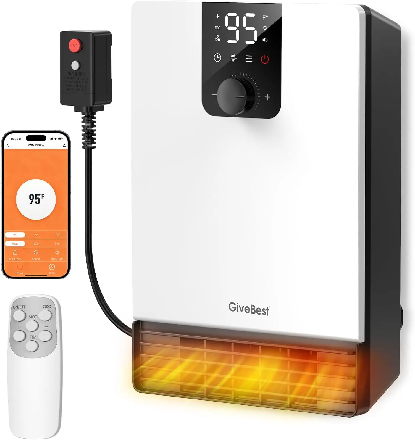 

Smart Wall Heater 1500W, Electric Space Heater with Remote Control, 3 Modes, Adjustable Thermostat, Timer for Indoor Use