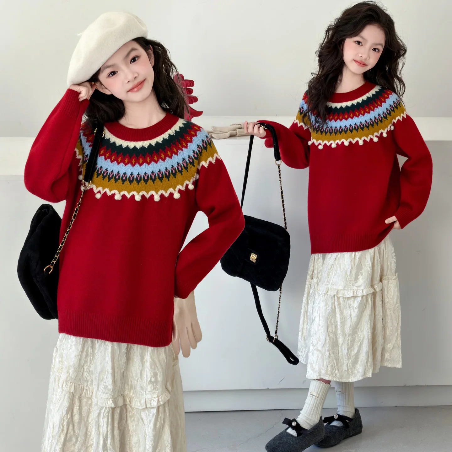 خمر معرض جزيرة عيد الميلاد سترة الفتيات الأحمر الكروشيه متماسكة البلوز الثقيلة التطريز شتاء دافئ أعلى في سن المراهقة مدرسة الاطفال الملابس #4