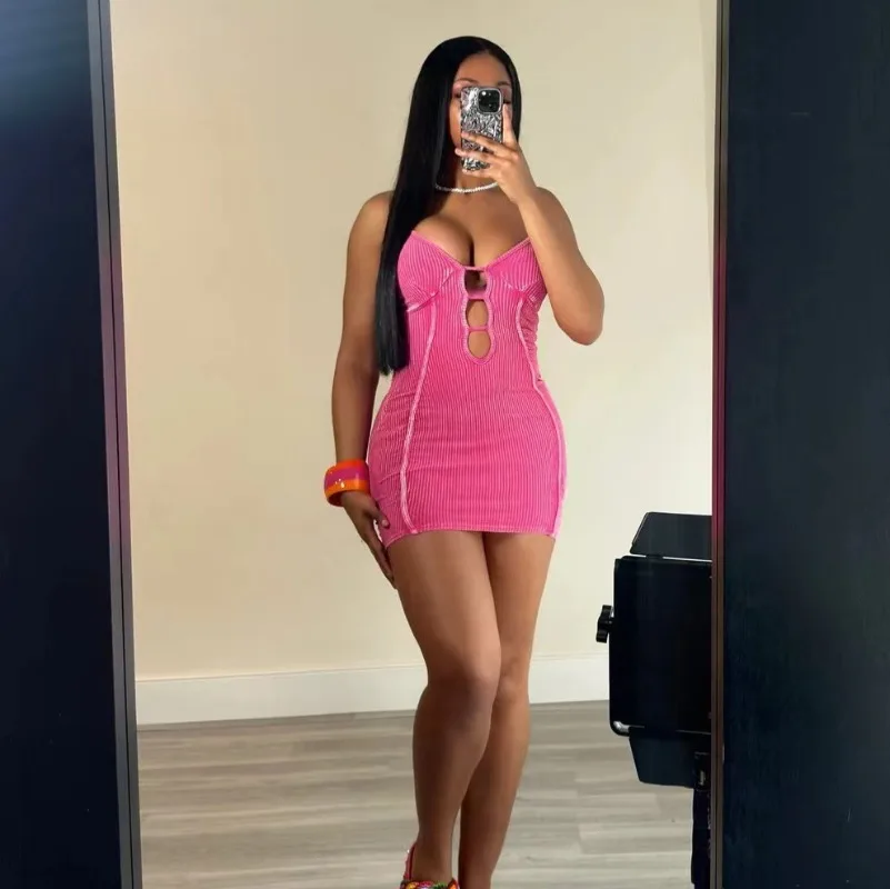 

Hollow Out Ribbed Bodycon Mini Dress Women Sexy V-neck Sleeveless Spaghetti Straps Backless Slim Party Clubwear Streetwear