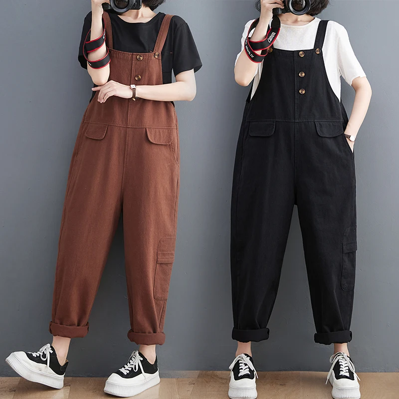 Black Brown Purple Romper For Women Fashion Streetwear Ladies Jumpsuits Loose Oversize Wide Leg Cargo Pants Big Straps Overalls