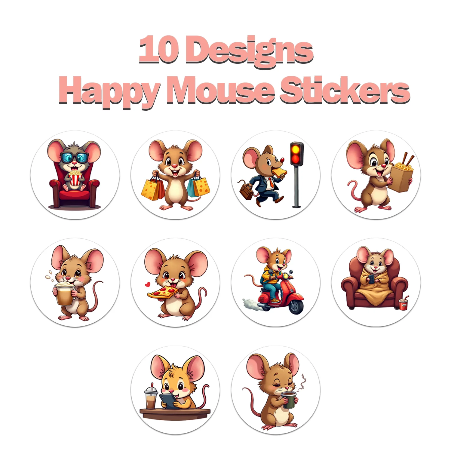 1 rolo (500 peças) adesivos fofos de mouse da cidade vida feliz 2.5cm/1.0 "10 designs embalagem decoração de casa selo etiquetas decalques diy adornam presentes
