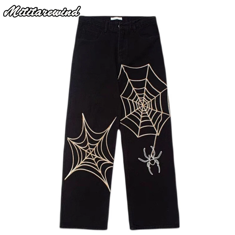 

Hip Hop Streetwear Y2k Jeans for Men Spider Web Printed Casual Loose Fashion Straight Baggy Jeans Pants for Men Retro Jeans Y2k