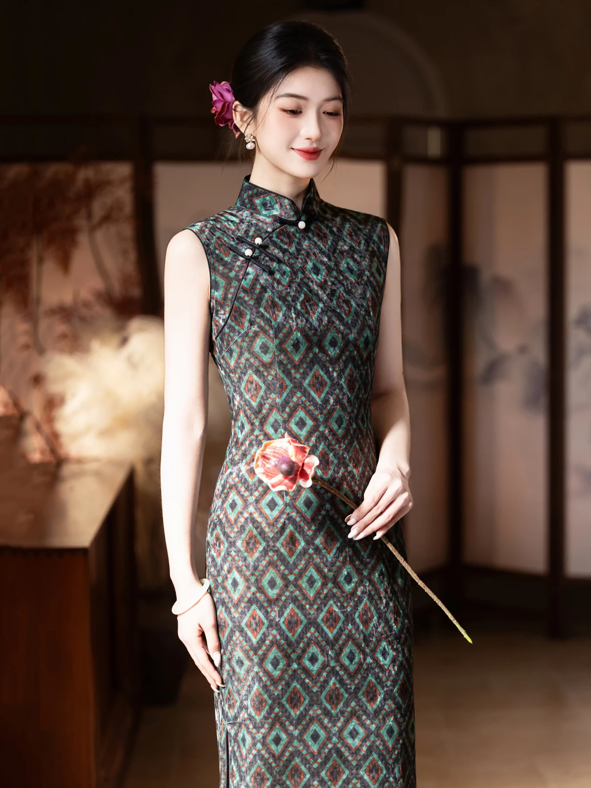 

Элегантное бархатное платье Svel Slim Fit в новом китайском стиле, дышащее, с низким разрезом, для повседневной носки и поездок на работу