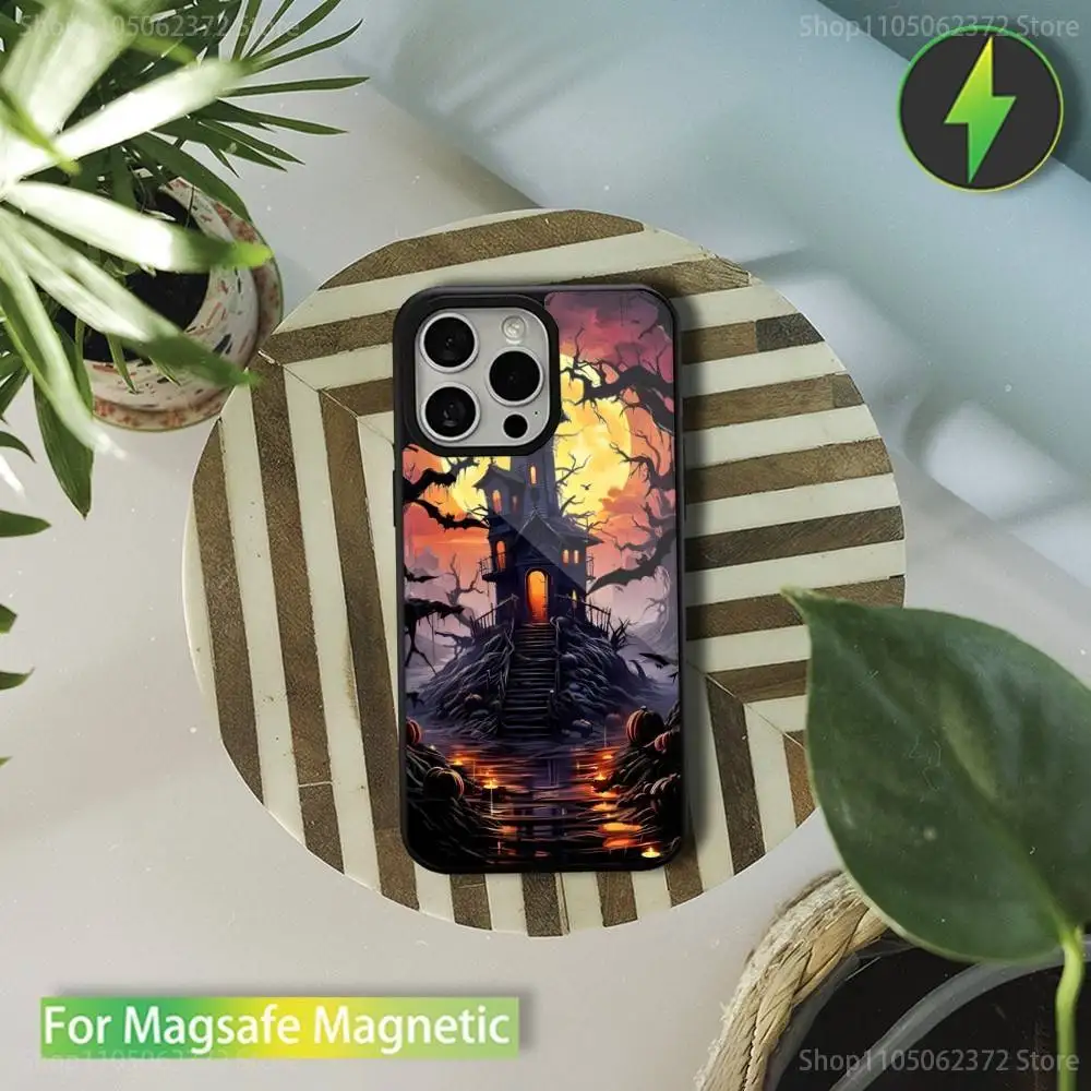 Capa de telefone de Halloween de arte de terror para iPhone 16,17,15,14,13,12,11,Pro,Max,Plus,Mini,Magsafe, capa de carregamento magnético sem fio