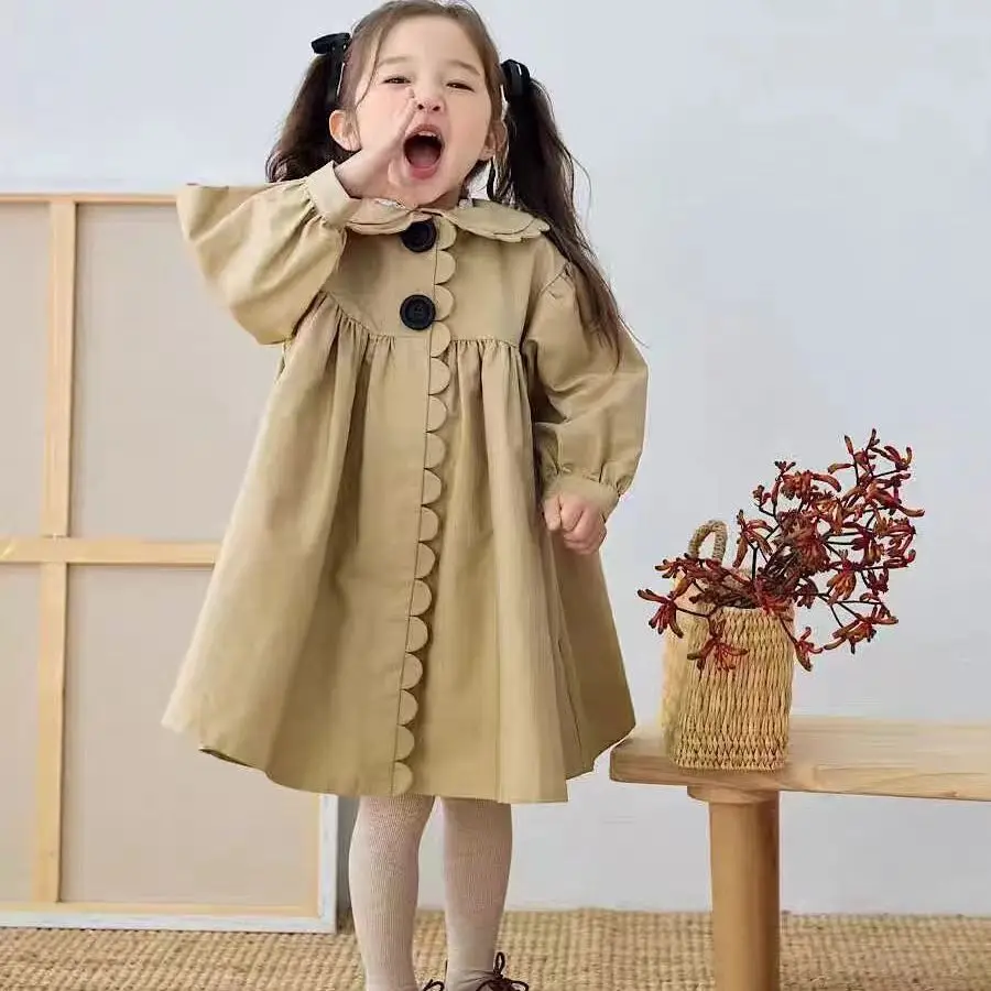 

Girl's Vintage Trench Coat for Kids Lace Peter Pan Collar Autumn Coat Stylish Spring Autumn Outerwear 2025 New