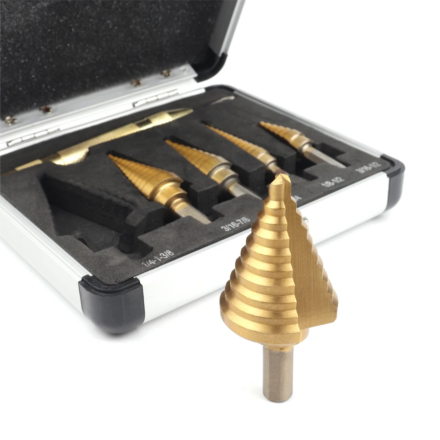 

Набор ступенчатых сверл Imperial Pagoda, 6 шт., в алюминиевой коробке, используемый для сверления отверстий в дереве, металле, пластика и т. д.