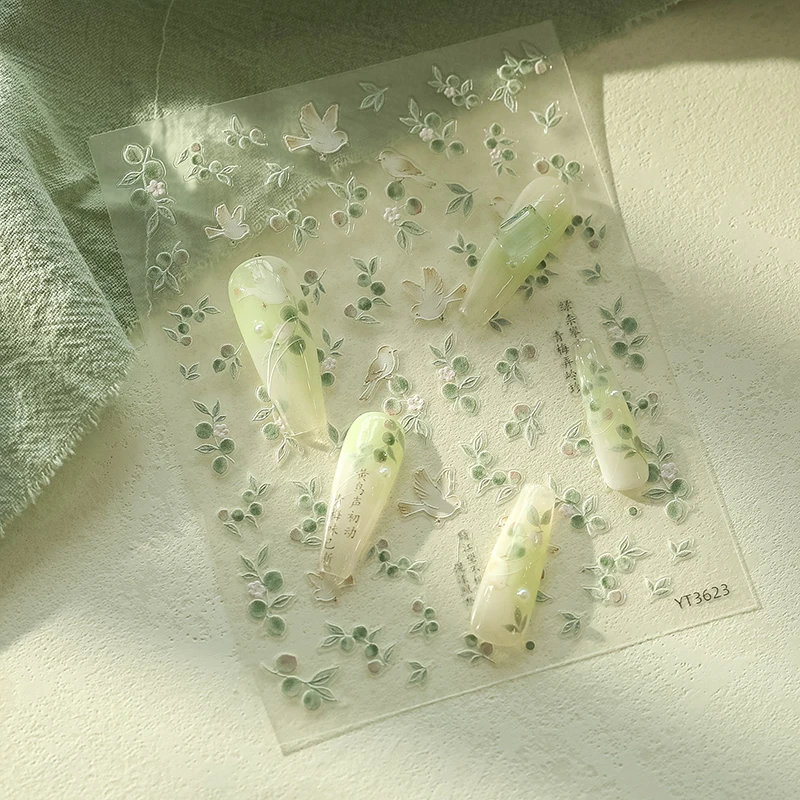 5D Embossed Chinese Style Nail Stickers Green Plum Oriole Self Adhesive Nail Art Decoration Decals Accessories DIY