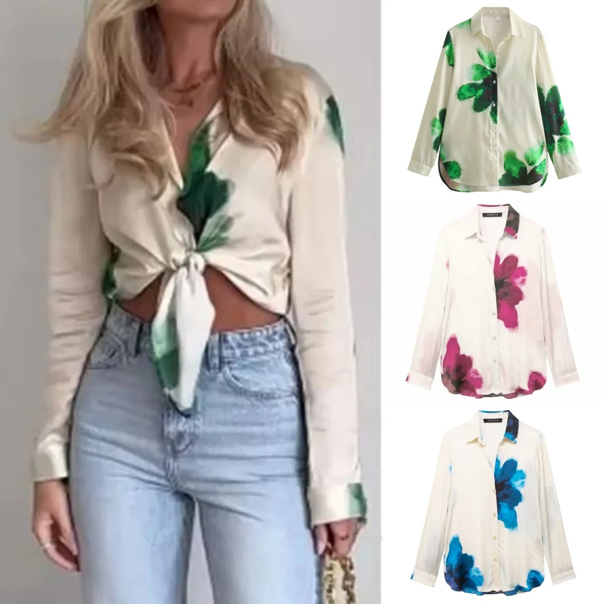 

2025 Spring and Summer New Women's Floral Dyeing Long Sleeve Shirt Printed Pajamas Draped Tops Beach Style