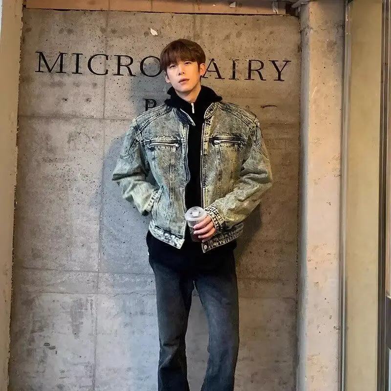 Large Size Men's Denim Jacket Washed Vintage Loose Casual Stand Collar Top for Autumn Winter Street Style American Leisure