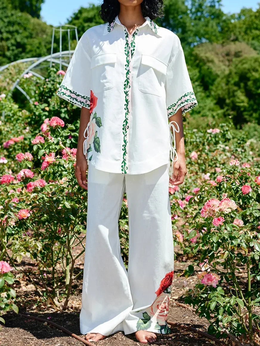 

Women's Floral Print Set Side Lace-up Turn-down Collar Short Sleeve Shirt + Elastic Waist Straight Wide Leg Pants Casual Suit