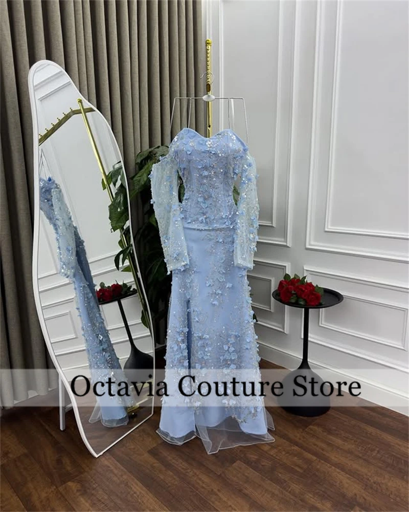 Arabia Saudí cielo azul fuera del hombro vestido de noche de flores 3D diamantes de imitación brillantes vestido de fiesta vestidos de noiva personalizado فستان و