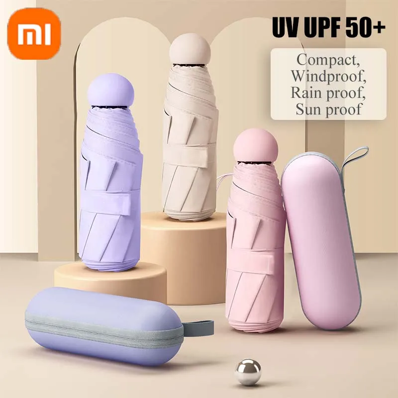 Xiaomi mini guarda-chuva portátil uv pára-sol cápsula à prova de chuva à prova de vento guarda-chuva preto em pó borracha dobrável para mulher 2024