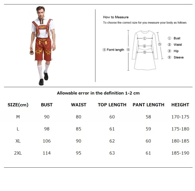 M-2XL 사이즈 성인 남성 옥토버 페스트 코스튬, 독일 바이에른 맥주 코스튬, 바 웨이터 유니폼