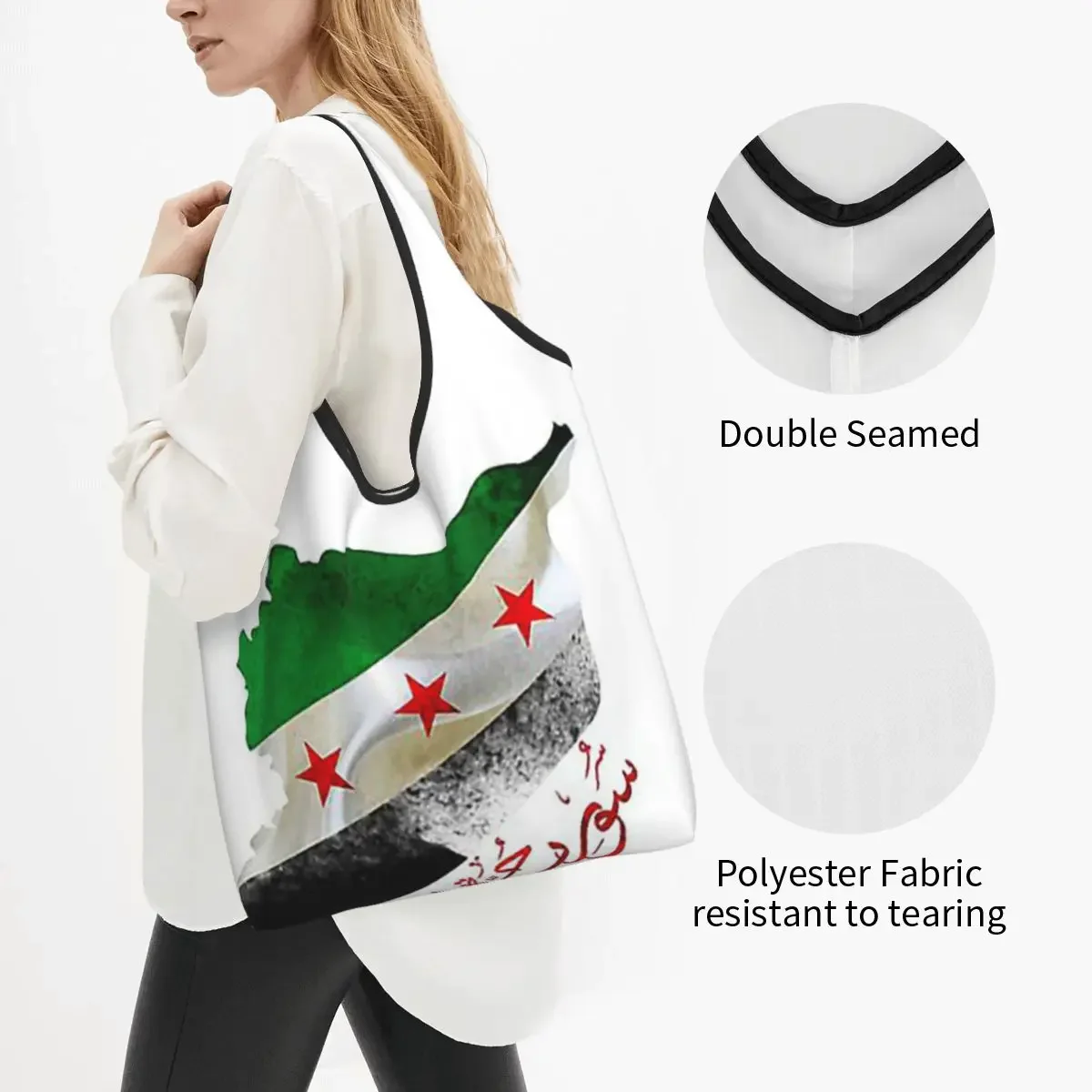 Syria Revolution Flag Map Syrian Independence Portable Tote Shopping Bags Reusable Shopper Bag Groceries Handbag Shoulder Bag