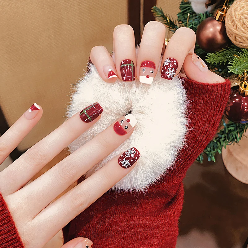 10pcs Christmas Handmade Press On Nails Gifts for Girls Wearable Fake Nails Snowman Little Deer Designed Ballet Nail Art