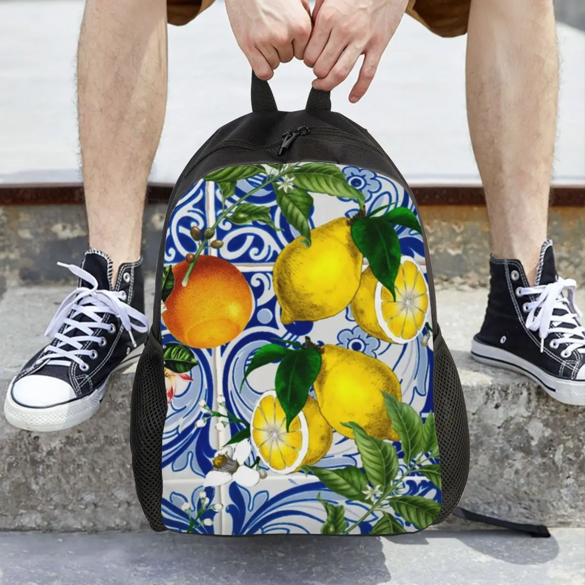 Lemon On Blue Tile Backpack Hot Sale Daypack Large Capacity Children BookBag School Bag Shoulder Bags for Men Women