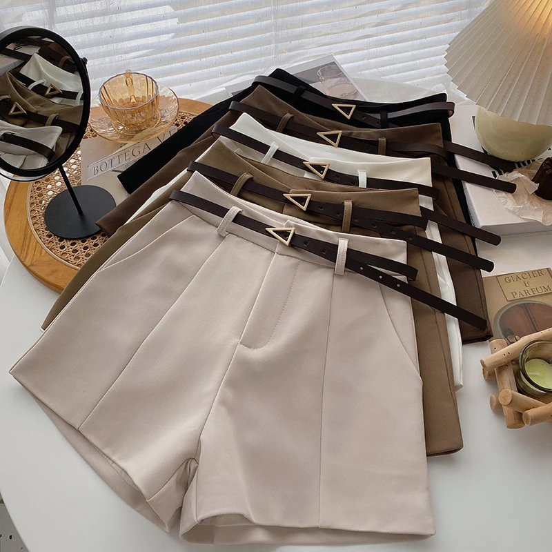 High Waist Short Pants Women's Spring  Korean Style Pure Color Slimming A-Line Wide Leg Casual Trousers Elegant Simple