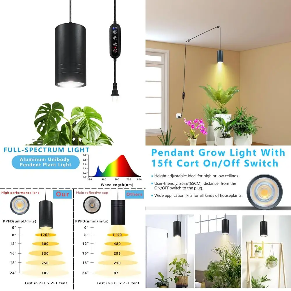 

Светодиодный подвесной светильник полного спектра с теплым белым цветом, таймером и функцией подключения, большой черный роскошный подвесной светильник для выращивания растений для