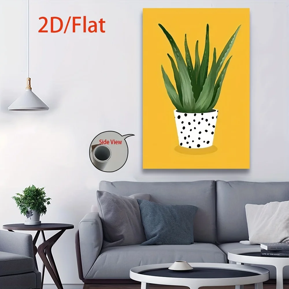 Planta 2D plana, 1 unidad, planta de Aloe Vera minimalista moderna sin marco en maceta de lunares, arte de pared Vertical, lienzo de hojas verdes y blancas para el hogar