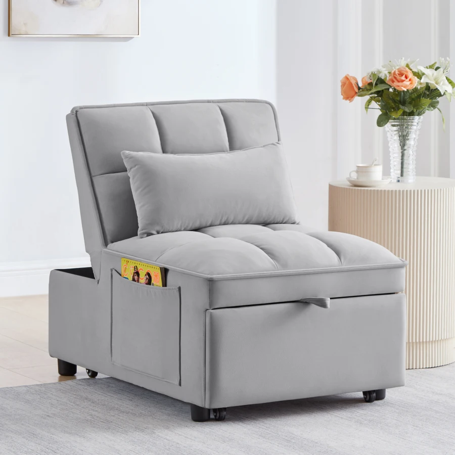 4 in1 Multi-Function Single Sofa Bed with Storage Pockets, Tufted Single Pull-out Sofa Bed with Adjustable Backrest and Pillows