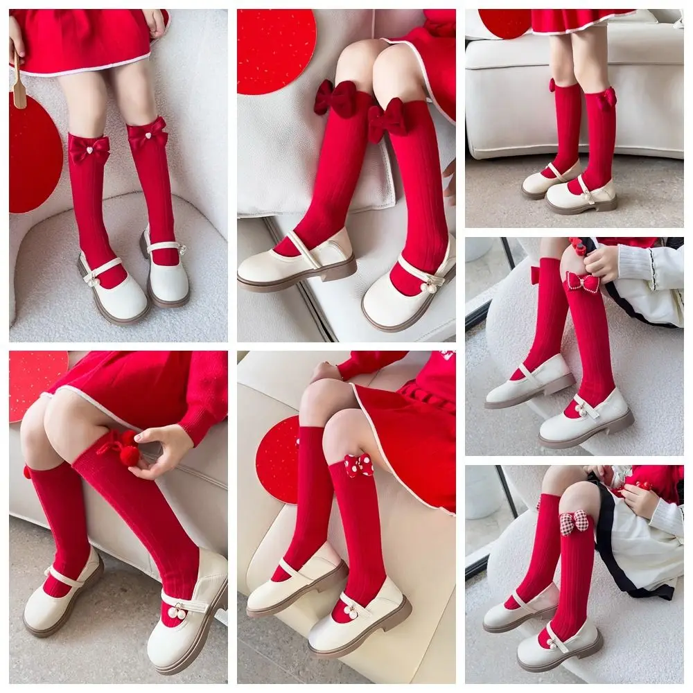 Casual Middle Tube New Year Red Socks Thicken Sweet Bow Hosiery for Kids Princess Cotton Children Long Socks Autumn