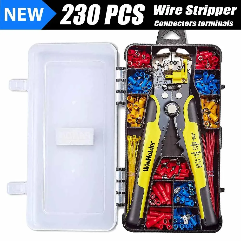 Professional Multi-functional Automatic Ratchet Crimp Pliers Tool Set 230Pcs Wire Stripper Kit Connector Electrical Terminal