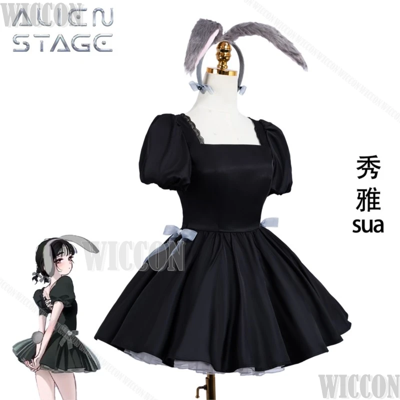 Sua Cafe Activity Ailien Stage Anime Cosplay Clothes فستان سهرة أسود آذان أرنب أغطية الرأس فتاة البدلة شعر مستعار هالوين كوميك كون