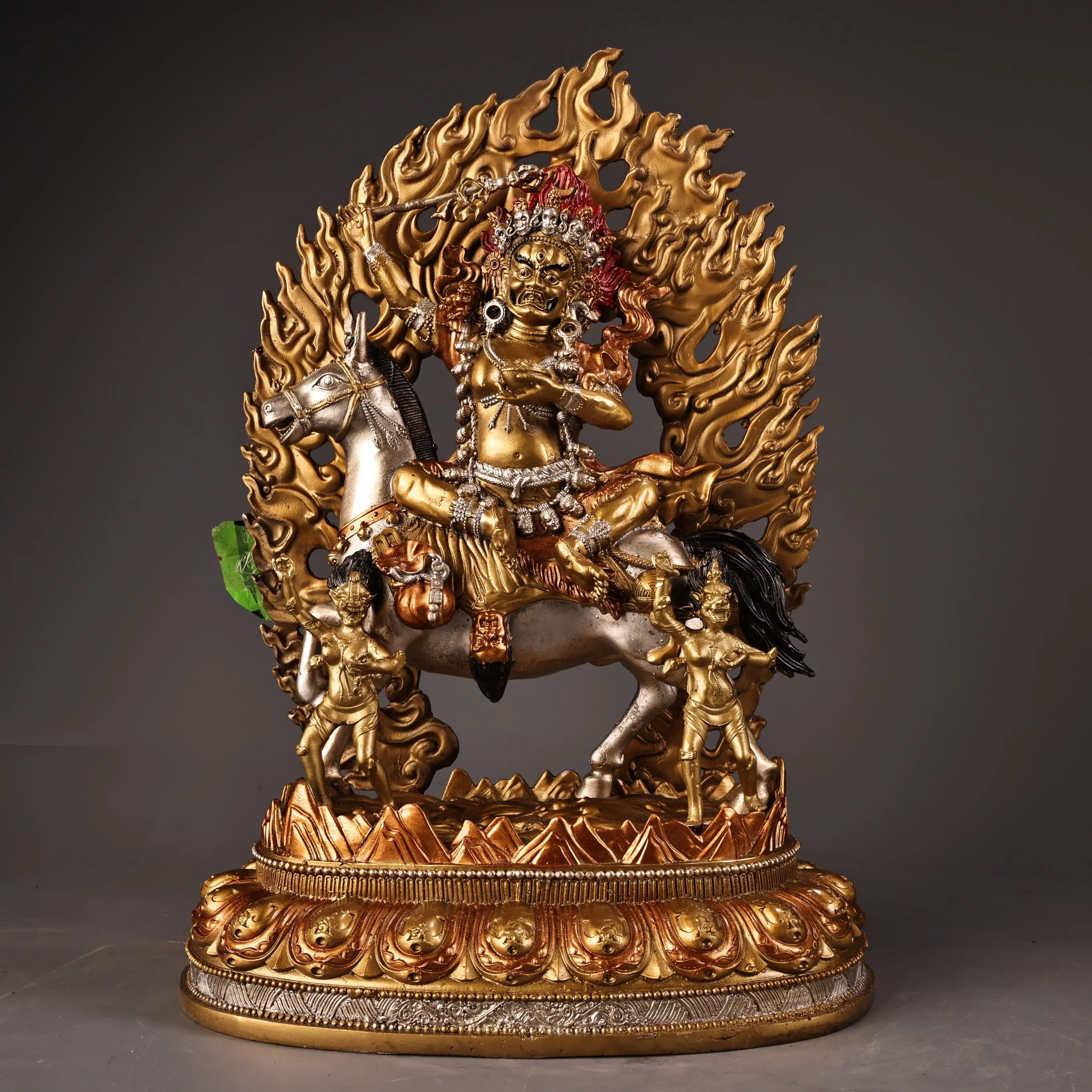 Bronze High Relief Engraved Tibetan Palden Lhamo Statue Gold Silver Painted Heavy Patina Fine Craft Home Decor