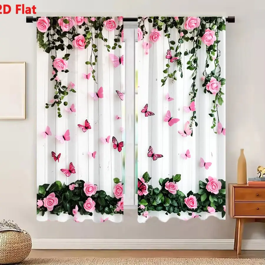 2Pcs Curtains Add 2D Flat Decorative Wall Arrangement With Pink Roses Green Ivy And Patterned Paper Butterflies Window Drapes fo