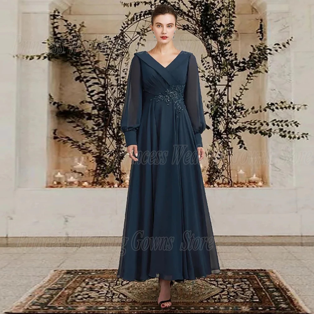 Robe formelle élégante pour femme, robe d'invité de mariage civil, manches longues, robes de mère de la mariée, longueur de rinçage, ligne A, mousseline de soie simple