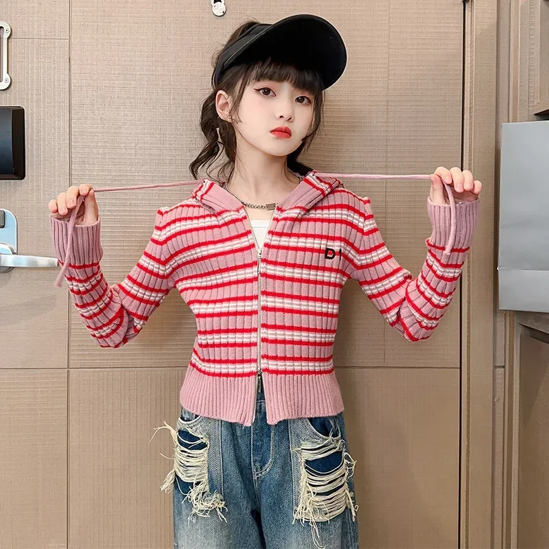 2024 Korean Spring Autumn School Girl Knitted Cardigan Teenager Girl Hooded Striped Sweater Tops Junior Girl Zipper Knitwears