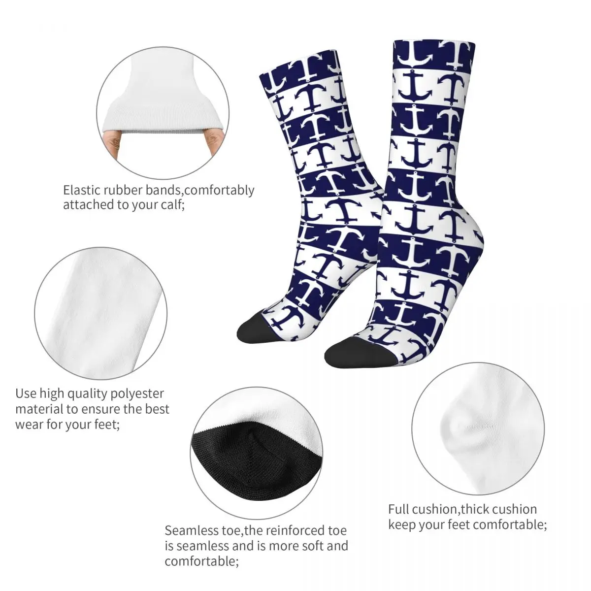 Funny Nautical Navy Blue Geometric Soccer Socks Polyester Long Socks for Unisex Breathable