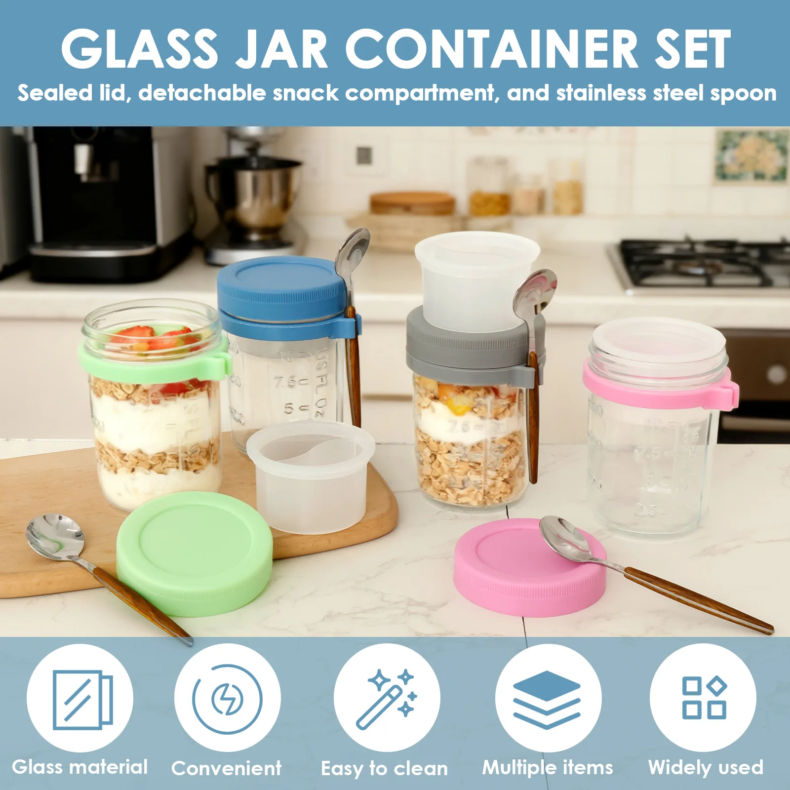 Overnight Oats Container with Lid and Spoon 450ML Airtight Oatmeal Container with Scale Portable Fruit Salad Food Storage Box